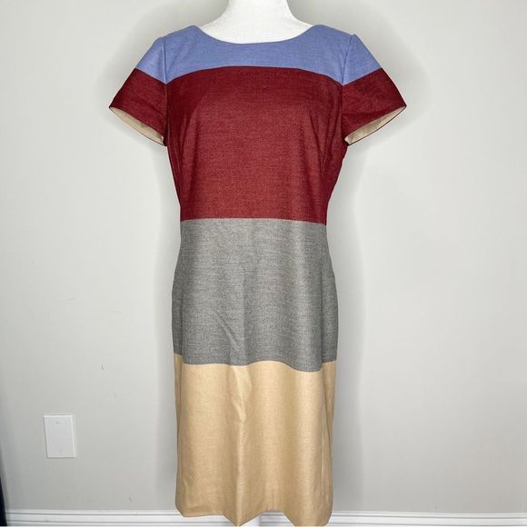 Etcetera Blue, Red, Gray & Beige Tan Color Block Shift Knit Dress in Size 8 - Picture 2 of 7